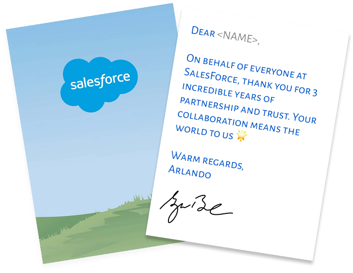 Graphic showing personalised Moonpig for Business cards with Salesforce logo and messages, symbolising easy customisation and bulk sending.