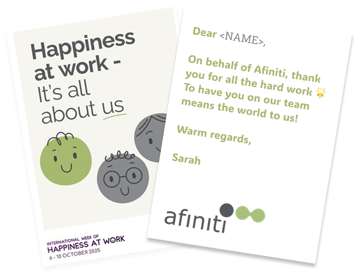 Graphic showing personalised Moonpig for Business cards with Hutton & Partners logo and messages, symbolising easy customisation and bulk sending.